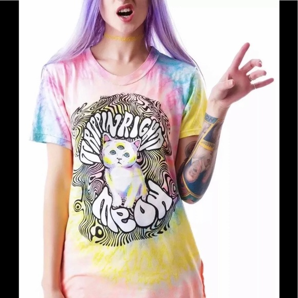 UNIF Tops - UNIF Rare Trippin Right Meow Tie Dye Cat Tee Shirt